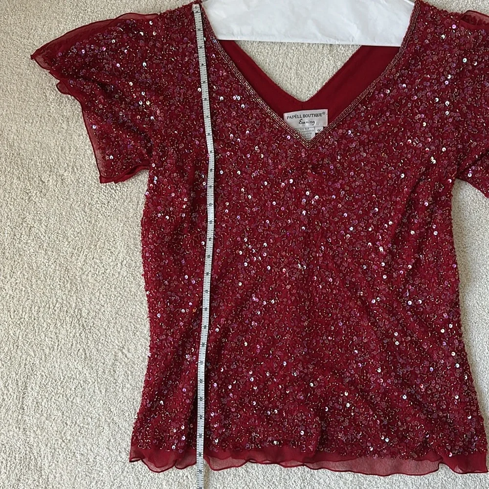 Vintage Papell Boutique Top 1X, Red Silk Embellished V Plunge, Flutter Sleeves - Picture 6 of 8